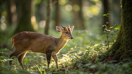 Realistic Muntjac deer in natural forest habitat, small reddish-brown deer with short antlers, surrounded by lush greenery and sunlight, detailed wildlife nature photography