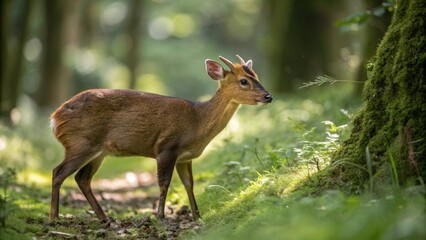 Realistic Muntjac deer in natural forest habitat, small reddish-brown deer with short antlers, surrounded by lush greenery and sunlight, detailed wildlife nature photography
