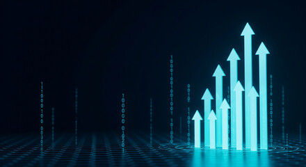 A futuristic data visualization of glowing blue arrows showing upward growth, a perfect concept for business success and technological progress