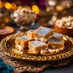 Gulab jamun on an ornate golden plate. Rich texture, warm lighting, and cinematic close-up capture the authentic beauty of this traditional Indian dessert in a luxurious style.