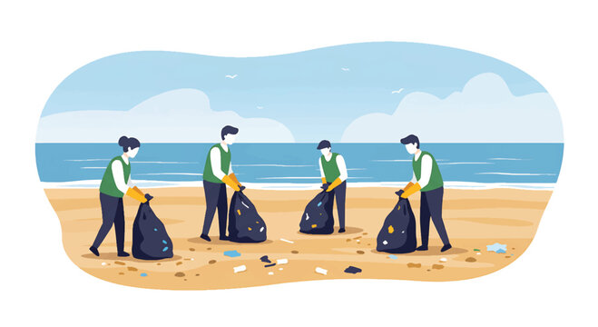 Four people in green vests collecting trash on a beach with a blue sky and ocean - Powered by Adobe