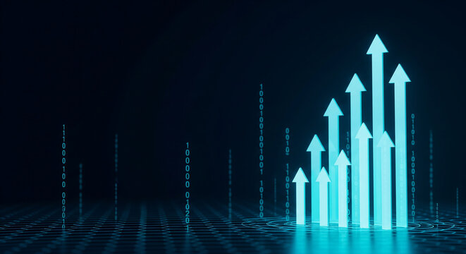 A futuristic data visualization of glowing blue arrows showing upward growth, a perfect concept for business success and technological progress