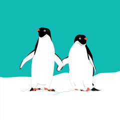 Adorable Adelie penguins holding hands on snow, symbolizing companionship and affection in the serene Antarctic wilderness. A heartwarming illustration