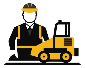 Bulldozer driver operating heavy machinery silhouette on a white background