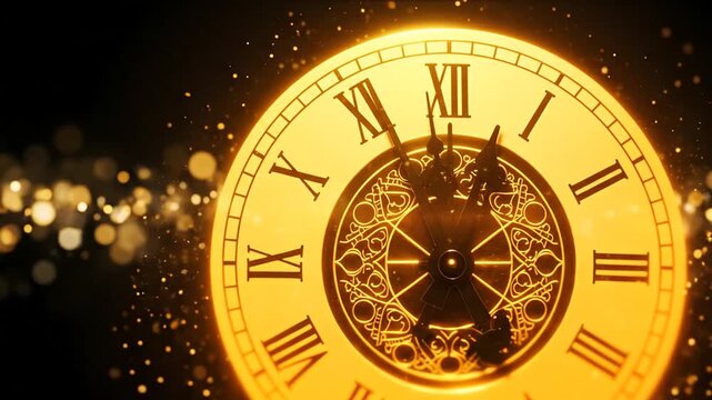 Golden clock face with roman numerals and bokeh effect on black background