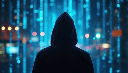 Hacker in hood stays against digital city lights. Back view of person in black clothes among matrix style blue light lines. Cybercrime and internet fraud concept. Online security.