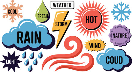 Obraz premium Cartoon Weather Icons Rain, Storm, Sun, Cloud, Wind, Cool, Hot, Fresh, Light, and Nature Symbols