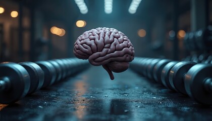 A 3D brain model hovers above gym floor. Dumbbells line the floor suggesting mental strength and fitness training. Concept represents mind body connection and importance of brain health.