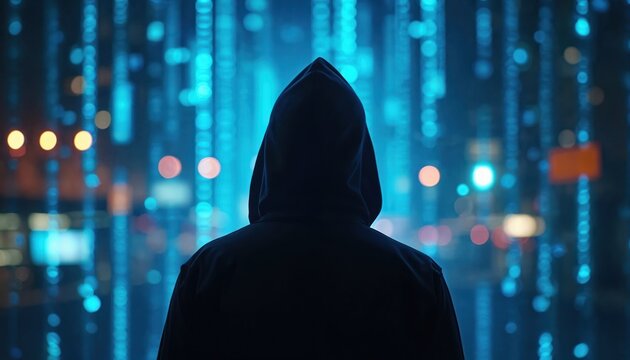 Hacker in hood stays against digital city lights. Back view of person in black clothes among matrix style blue light lines. Cybercrime and internet fraud concept. Online security.