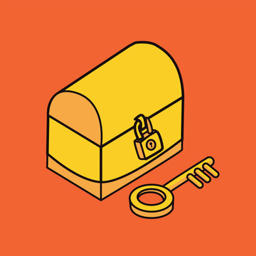 Unlocking Secrets Illustrated Golden Treasure Chest and Key Icon for Discovery and Rewards and Opportunities