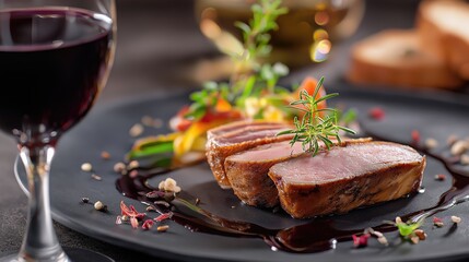 Smoked duck breast with red wine reduction, elegant fine-dining background
