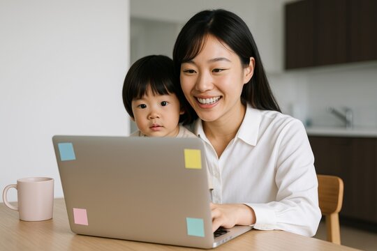 Smiling mother working on laptop with curious toddler on lap in cozy home kitchen setting, representing remote work and parenthood balance concept. Ai generative