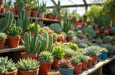 Variety of succulents in terracotta pots at garden center. Different cactus plants display in plant shop. Green plants on wooden shelves. Healthy flora is ready for sale.