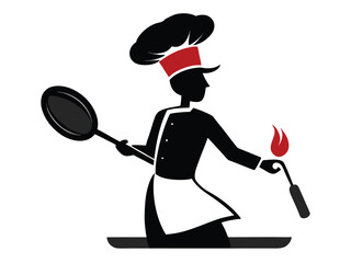 Chef cooking with a pan silhouette on a white background