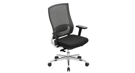 Ergonomic office chair with mesh back and adjustable arms isolated on black background