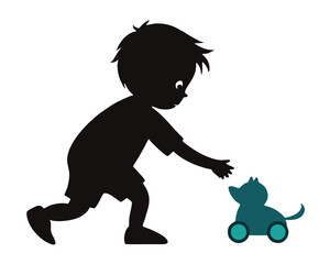 Child playing with a toy depicted in a clean silhouette style on a white background