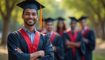 Smiling Indian graduate in cap and gown stands proud. Friends blurred in soft focus background. Celebration of academic achievement at university. Student looks happy after graduation ceremony.