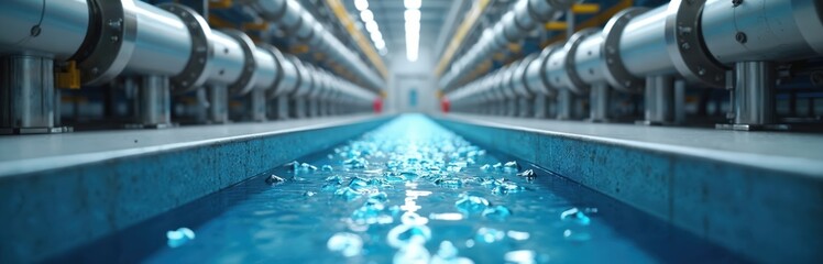 Industrial water splitting system produces hydrogen and oxygen. Metal pipes and tanks form part of clean energy production process. Blue liquid flows through channel for future power generation.