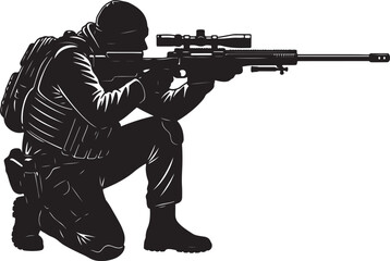 Silhouette of a Sniper Aiming a Rifle from a Crouching Position soldier scope also transparent background