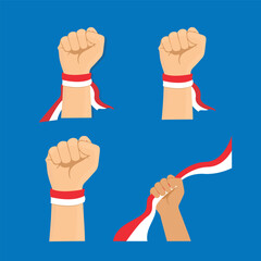 Obraz premium Vector illustration set of hands with red and white ribbons, symbolizing national pride, unity, and patriotic spirit for independence celebrations