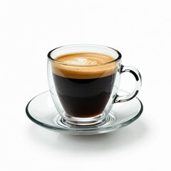 Double walled clear glass cup holds espresso on saucer. Dark coffee is on white backdrop. The drink appears hot. Coffee beverage, morning ritual still life concept. Caffeine provides energy.