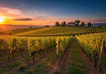 Fototapeta premium Picturesque Vineyard at Sunset in Tuscany, Rolling Hills of Grapes