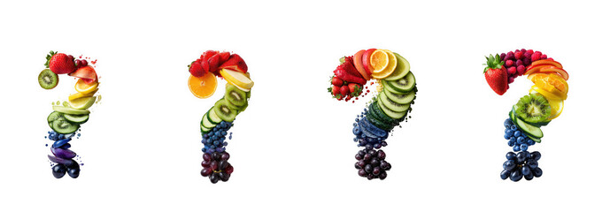 Four question marks made of colorful fresh fruit, isolated on transparent background