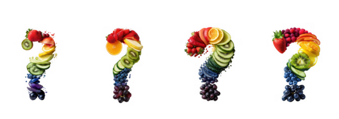 Four question marks made of colorful fresh fruit, isolated on transparent background