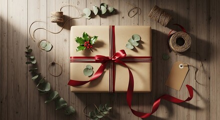 A beautifully wrapped gift box with red ribbon and festive holly sprigs, surrounded by eucalyptus leaves and twine on a wooden surface.