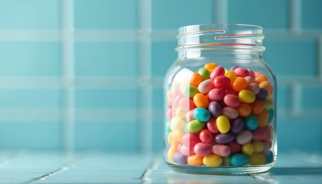 Glass jar full of colorful jelly beans. A sweet assortment of candies in bright shades is piled high. Minimal background with pastel blue tiles and surface.