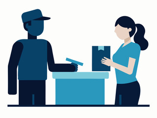 Courier delivering a parcel to a receptionist in a silhouette style