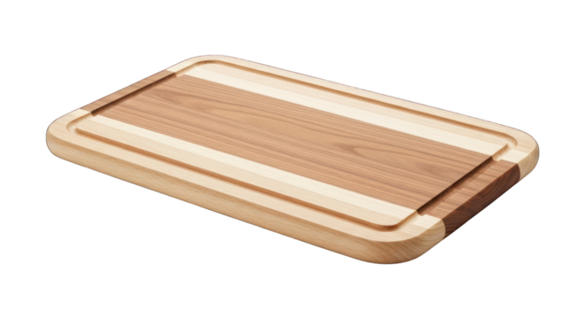 Wooden chopping board with juice groove. Isolated against a black background