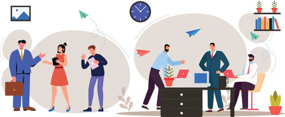 Creative office atmosphere with paper airplanes playfully flying amid focused colleagues, fostering collaboration, innovation, and a joyful work culture in a bright modern vector style.