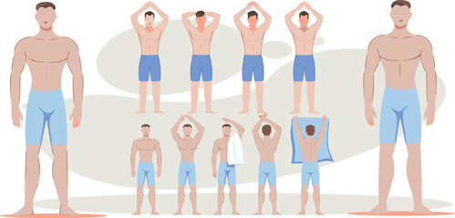 Guiding wellness — a man demonstrates invigorating morning stretching routines and post-shower self-care, promoting vitality and balance in a clean, minimal vector illustration.