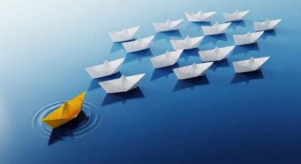 Leadership and strategic vision conveyed by a paper boat guiding others
