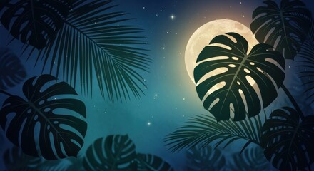Enchanted night scenery with tropical foliage and the glow of a full moon