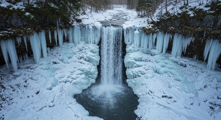 Frozen waterfall landscape icy cliffs snow covered terrain nature scene