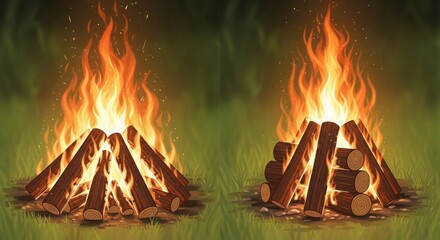 Two large bonfires burning brightly at night with tall flames against a dark background