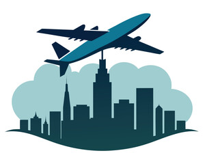 Airplane flying above a city skyline silhouette on a white background