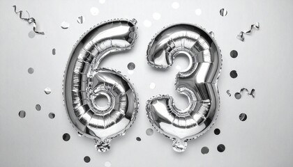 Silver balloon number 63 with confetti on solid colored background. Photo for anniversary or birthday party