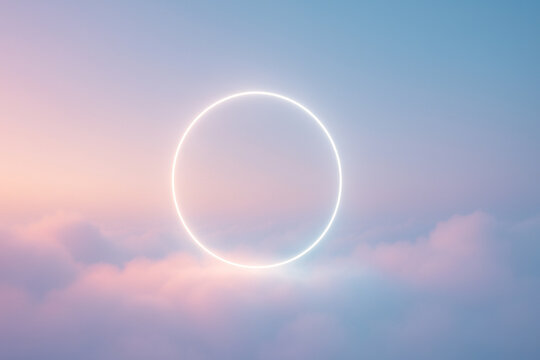 Glowing ring of light above pink and blue clouds in a surreal dreamlike sky