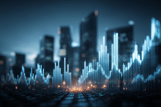 Financial data visualization in a modern city backdrop, illustrating market trends and economic analysis with a cool blue and vibrant orange color scheme.