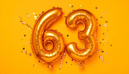 Orange balloon number 63 with confetti on solid colored background. Photo for anniversary or birthday party
