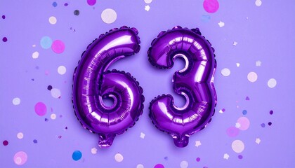Purple balloon number 63 with confetti on solid colored background. Photo for anniversary or birthday party