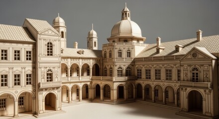 Fototapeta premium Detailed Architectural Model of Classical Building with Domes and Arches in Neutral Tones