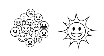 Fototapeta premium Contrasting Emotions, Smiley Face, Sun Icon, Flat Vector Icon Set 2026, White Background, Minimal View, Digital Twin Concept