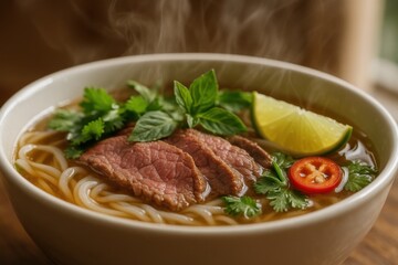Traditional Vietnamese Pho Noodle Soup with Beef. AI Generative.