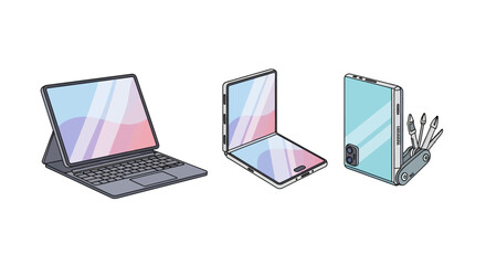 Foldable Devices Action, Modern Gadget Subject, Studio Location, Illustration Content, Clean Environment, Isometric Viewpoint, flat vector icon set for 3D printing technology concept