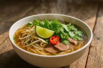 Traditional Vietnamese Pho Soup with Lime and Herbs. AI Generative.