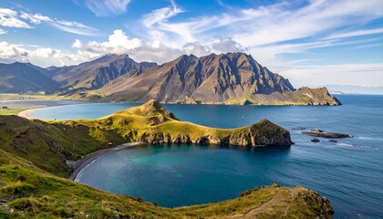 Coastal landscape with green hills small town deep blue bay and towering cloud-covered mountains under partly cloudy sky for editorial travel photography scenic nature and cultural harmony-themed visu
